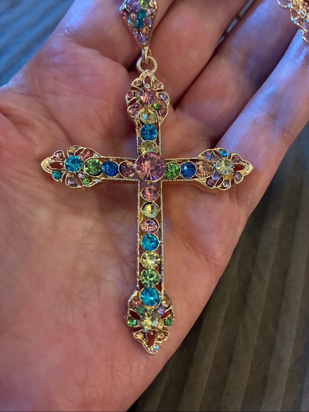 Multicolor Crystal Cross Pendant Necklace - Gold Tone